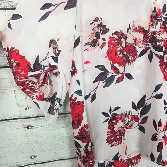 Maurices M White Red Floral Roll Tab Blouse - Picture 2 of 7